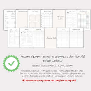 May include: A black and white printable planner with a checklist of items to help with organization and planning. The planner includes sections for travel, reading, studying, and more. The text on the planner reads "Recomendado por terapeutas, psic&oacute;logos y cient&iacute;ficos del comportamiento" and "RECUERDA COSAS (LISTAS Y RASTREADORES DE VIDA)".