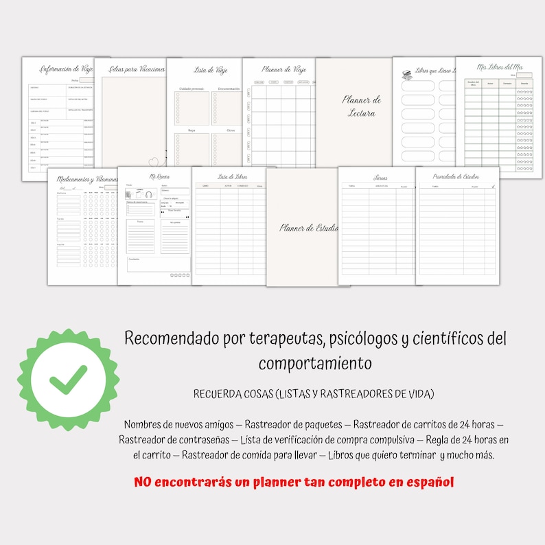 May include: A black and white printable planner with a checklist of items to help with organization and planning. The planner includes sections for travel, reading, studying, and more. The text on the planner reads "Recomendado por terapeutas, psic&oacute;logos y cient&iacute;ficos del comportamiento" and "RECUERDA COSAS (LISTAS Y RASTREADORES DE VIDA)".