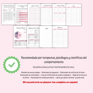 May include: A pink and white planner with a checklist for tracking daily tasks, a budget tracker, and a section for notes. The planner is recommended by therapists, psychologists, and scientists of behavior. The text "RECUERDA COSAS (LISTAS Y RASTREADORES DE VIDA)" is printed on the planner. The text "NO encontrar&aacute;s un planner tan completo en espa&ntilde;ol" is printed on the planner.