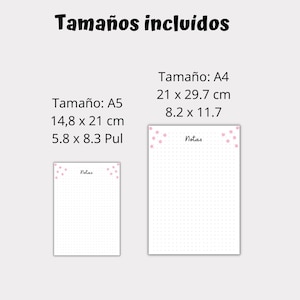 May include: Two printable planner pages with dotted grid lines and pink flower accents. The pages are labeled "Notas" and are available in A4 and A5 sizes. The measurements are listed in both inches and centimeters.