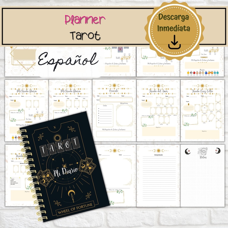 May include: A black and gold tarot journal with the words "Tarot Mi Diario" and "Wheel of Fortune" on the cover. The journal is open to a page with a spread for a tarot reading. The pages are decorated with a sun and moon design.