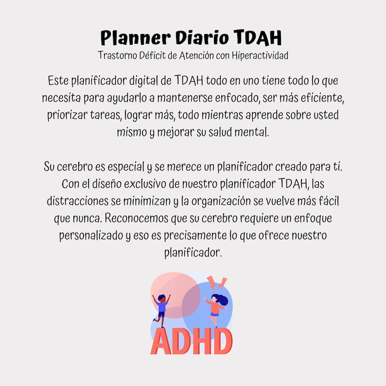 May include: A digital planner designed for people with ADHD. The planner is illustrated with two cartoon children running towards each other. The text "ADHD" is written in large, bold letters.