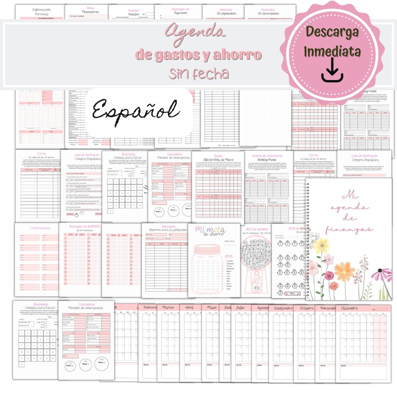 May include: A collection of printable financial planning pages in pink and white, including calendars, budgeting sheets, and savings trackers. The text "Agenda de gastos y ahorro" is visible, along with "Espa&ntilde;ol" and "Descarga Inmediata."