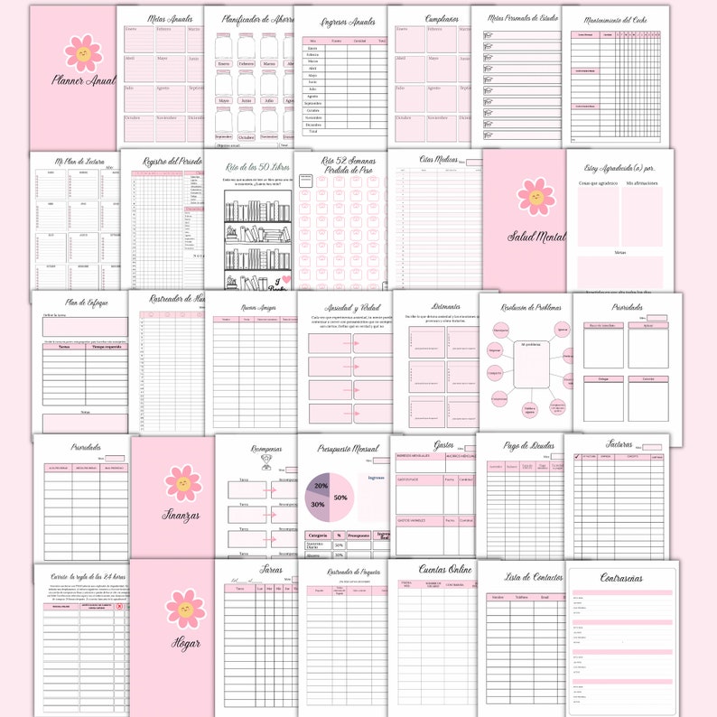 May include: A pink and white printable planner with sections for goals, finances, health, and more. The planner features a cute floral design.