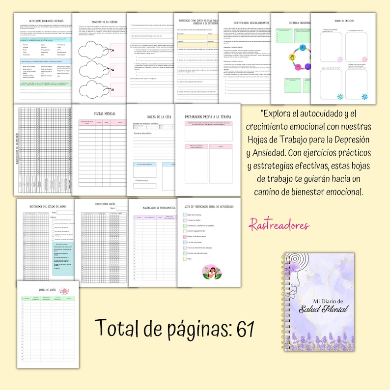 Libro de trabajo en español para la depresión y ansiedad, Hojas de trabajo alivio depresión y ansiedad, Hojas de terapia salud mental imagen 5