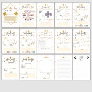May include: A printable tarot journal with 10 pages featuring a celestial theme. The pages include sections for recording tarot readings, journaling, and notes. The pages are decorated with gold stars, moons, and suns.