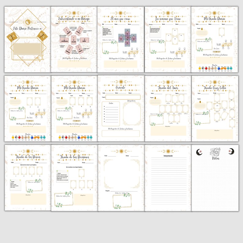May include: A printable tarot journal with 10 pages featuring a celestial theme. The pages include sections for recording tarot readings, journaling, and notes. The pages are decorated with gold stars, moons, and suns.