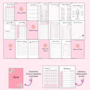 May include: A pink printable planner with 12 monthly dividers and 7 activity dividers. The planner includes pages for meal planning, fitness, travel, reading, and more. The planner has a cute floral design with a smiling flower.