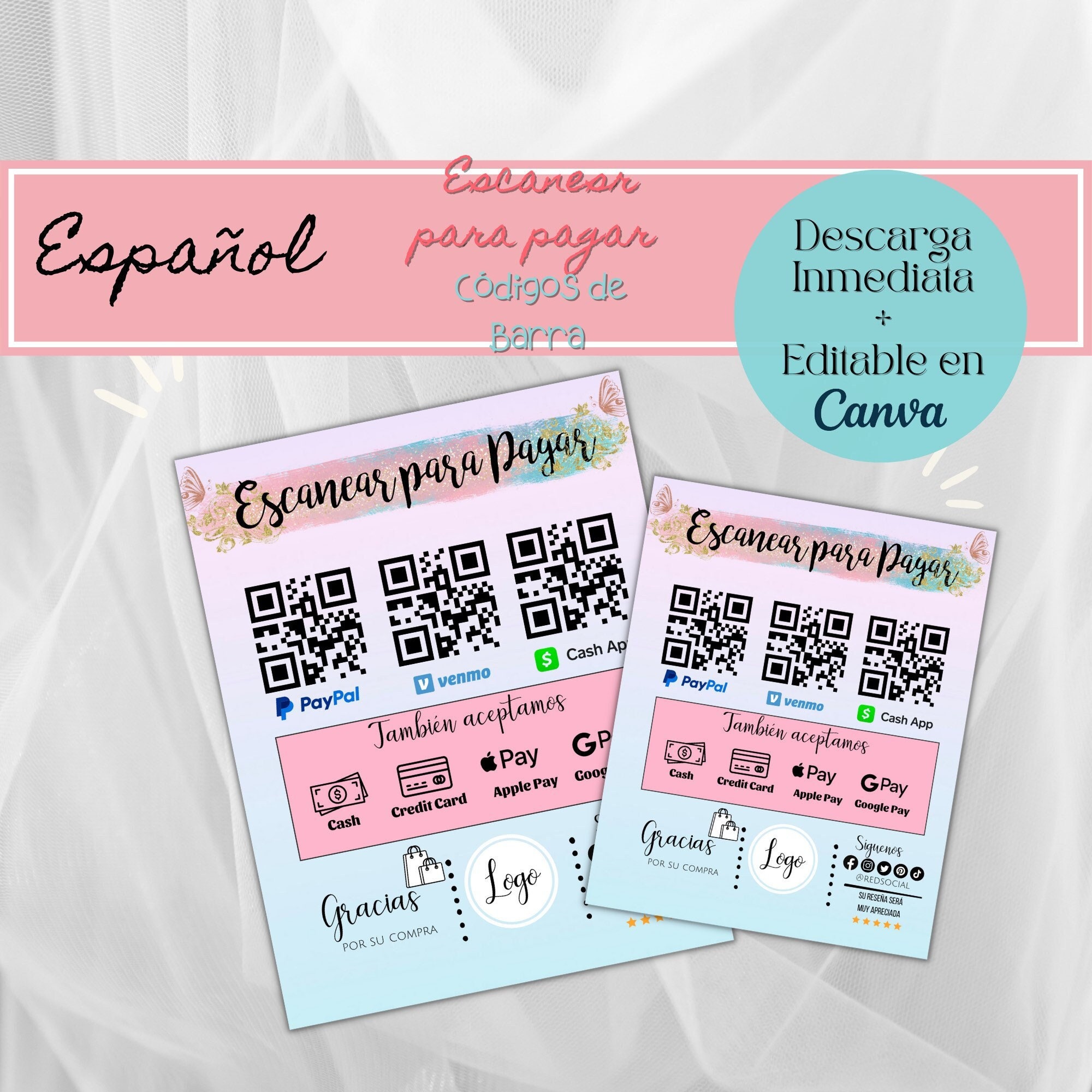 Spanish Editable Scan to Pay, QR Code, Cashapp Paypal Venmo