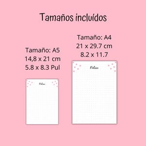 Puede incluir: Dos p&aacute;ginas de cuaderno con puntos imprimibles con el texto "Notas" en la parte superior. La p&aacute;gina de la izquierda es de tama&ntilde;o A5, que mide 14,8 x 21 cm. La p&aacute;gina de la derecha es de tama&ntilde;o A4, que mide 21 x 29,7 cm.
