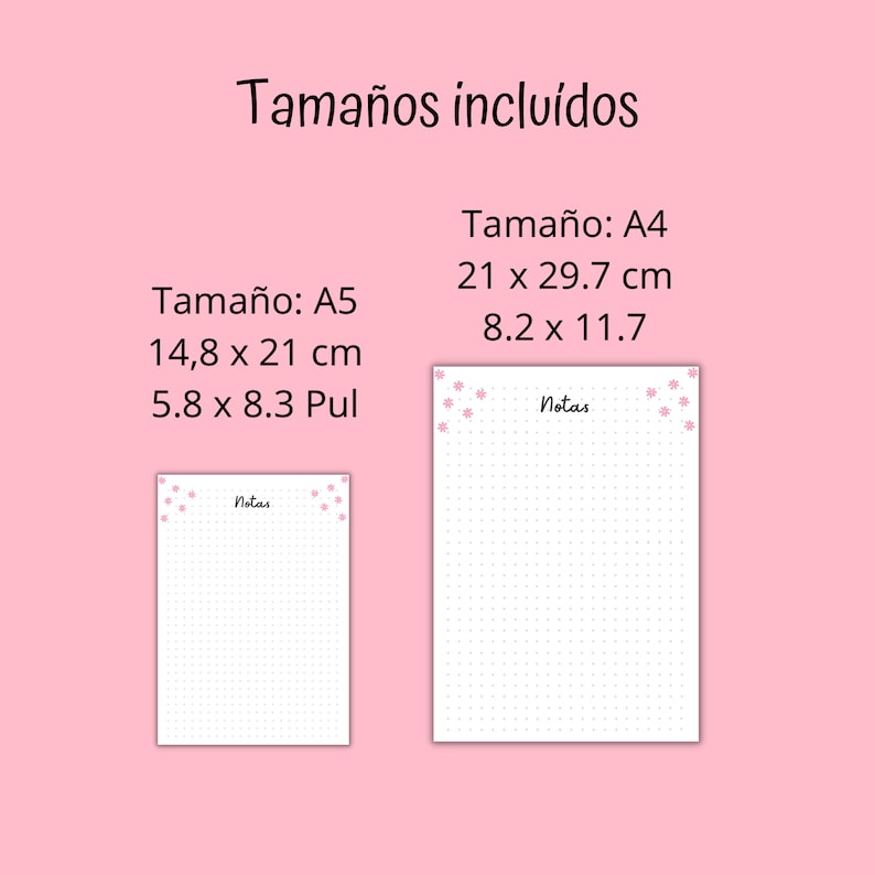 Puede incluir: Dos p&aacute;ginas de cuaderno con puntos imprimibles con el texto "Notas" en la parte superior. La p&aacute;gina de la izquierda es de tama&ntilde;o A5, que mide 14,8 x 21 cm. La p&aacute;gina de la derecha es de tama&ntilde;o A4, que mide 21 x 29,7 cm.