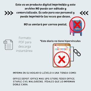 May include: An image with text in Spanish, including "Este es un producto digital imprimible" and "PDF para descarga instant&aacute;nea." It also features a mailbox with a red X, a calendar with a red X, and a PDF icon.