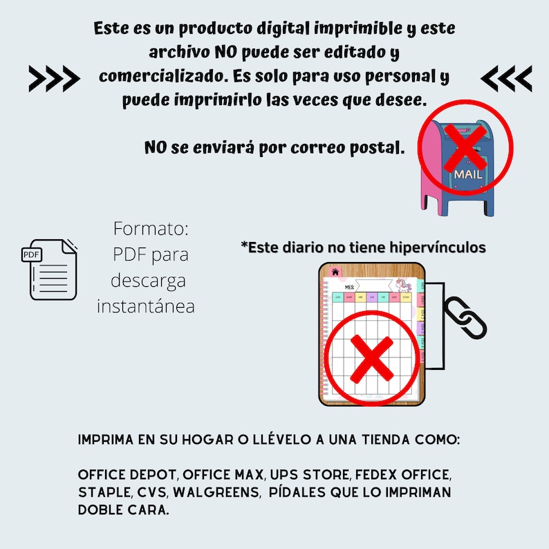 May include: An image with text in Spanish, including "Este es un producto digital imprimible" and "PDF para descarga instant&aacute;nea." It also features a mailbox with a red X, a calendar with a red X, and a PDF icon.