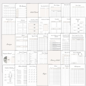 May include: A printable planner with a variety of sections for organizing different aspects of life, including finances, health, fitness, and home. The planner features a black and white design with a minimalist aesthetic.