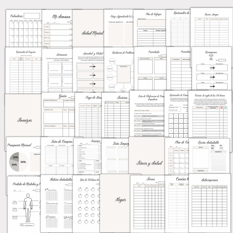 May include: A printable planner with a variety of sections for organizing different aspects of life, including finances, health, fitness, and home. The planner features a black and white design with a minimalist aesthetic.