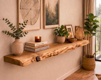 Estante flotante con borde natural - Madera de acacia, estante de pared rústico