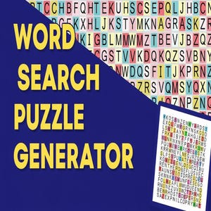 Könnte beinhalten: Grafik für einen Wortsuchrätsel-Generator. Die Wörter „WORD SEARCH PUZZLE GENERATOR“ stehen in großen gelben Buchstaben auf einem dunkelblauen Hintergrund. Ein kleineres Wortsuchrätsel mit einer Wortliste befindet sich in der oberen rechten Ecke.