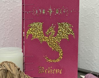 Handmade-Pink Faux Suede Journal: Gold Dragon Fantasy Design