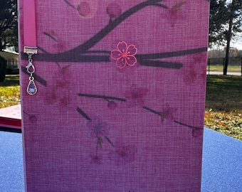 Handmade Cherry Blossom Journal, Linen Cover, Painted Edge, Ribbon Bookmark with charm
