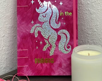 Handmade Journal – 200 lined Pages | Coptic Stitch & French Link Binding | holographic Unicorn Cover