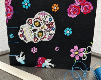 Coptic Stitch Sketchbook – Skulls Flowers Design, Lay Flat Journal, Hand Bound Notebook
