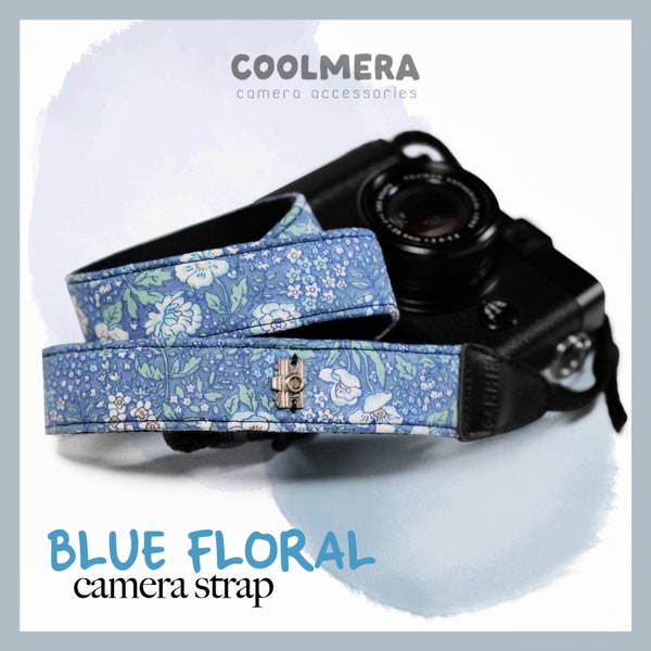 Camera Straps for Women Blue Floral - Photography Accessories - Girly Botanical Wildflowers - Blue Jeans Shoulder or Neck Sling Crossbody