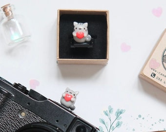 May include: A gray cat figurine holding a red heart, on top of a black camera lens. The cat is wearing a white collar. The figurine is in a small box with the words "COOLMERA camera accessories" on the top.