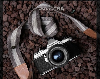 Striped Camera Strap – Brown Canvas, Leather Accent, Adjustable Crossbody