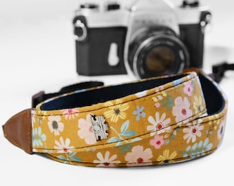 Floral Camera Strap - Handmade Canvas, Sunflower Print, Leather Accents