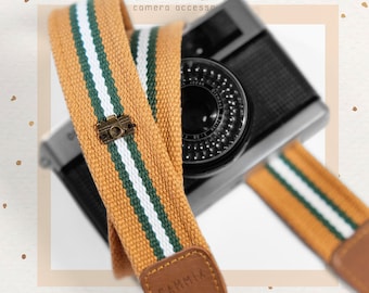 Striped Canvas Camera Strap - Handmade Leather Accent, Adjustable Crossbody