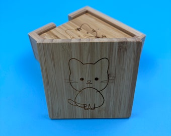 Bamboo "Cartoon Cat" Coaster Set: A Great Housewarming Gift, Hostess Gift, Wedding Gift, or Real Estate Closing Gift. 4 coasters w/caddy.