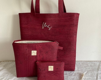 3 items - Set of Cork Tote Bag and 2 cork pouches | Vegan leather | Hand Embroidery