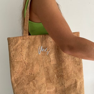 Kork-Einkaufstasche | Tragetasche aus veganem Leder | Kork-Umhängetasche | Handstickerei