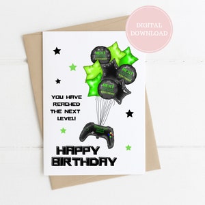 Gaming Card, Gaming Balloons Card, Level Up Card, Gaming Controller Printable Card, Digital Download, Two sizes, 5&quot; x 7&quot; and 4.75&quot; x 4.75&quot;