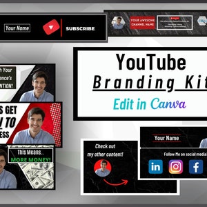編集可能な YouTube ブランディング キット l サムネイル 3 枚、バナー 1 枚、ソーシャル ページ 1 枚、登録通知 1 枚、終了画面 1 枚 l 編集可能な Canva テンプレート