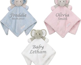 Personalised Baby Comforter, Embroidered Elephant Newborn Comforter Baby Blanket White Gifts for Baby Shower Baby Presents For Newborns