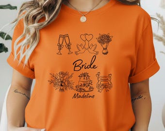 Personalized Bride Shirt With Name, Customizable Crew Neck Cotton Shirt With Wedding Date, Unisex Bachelorette Party Shirt, Gift for Bride