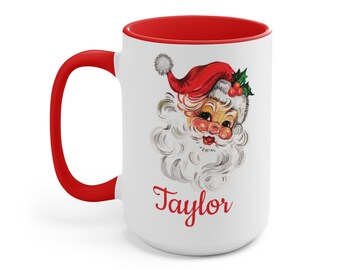 Vintage Retro Personalized Christmas Santa Mug, Unique Custom Christmas Gift, Holiday Season Coffee Tea 15oz Cup, Gift for Family and Friend