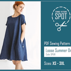 May include: A PDF sewing pattern for a loose summer dress. The pattern is available in sizes XS to 3XL. The pattern is from Sewing Patterns Spot.