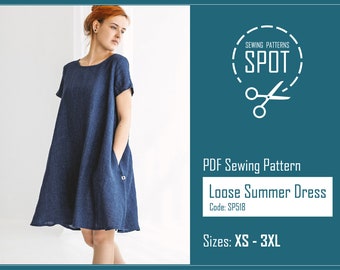 Womens plus size linen dress with pockets, PDF sewing pattern, XS-3XL, Instant Download, Short sleeves pregnancy dress, Loose summer dress