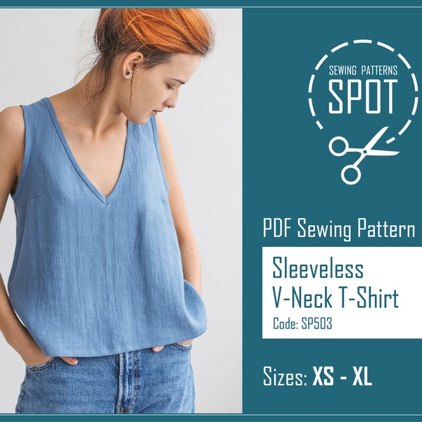 Linen V-Neck Top Sewing Pattern, Sleeveless Blouse (PDF Pattern)