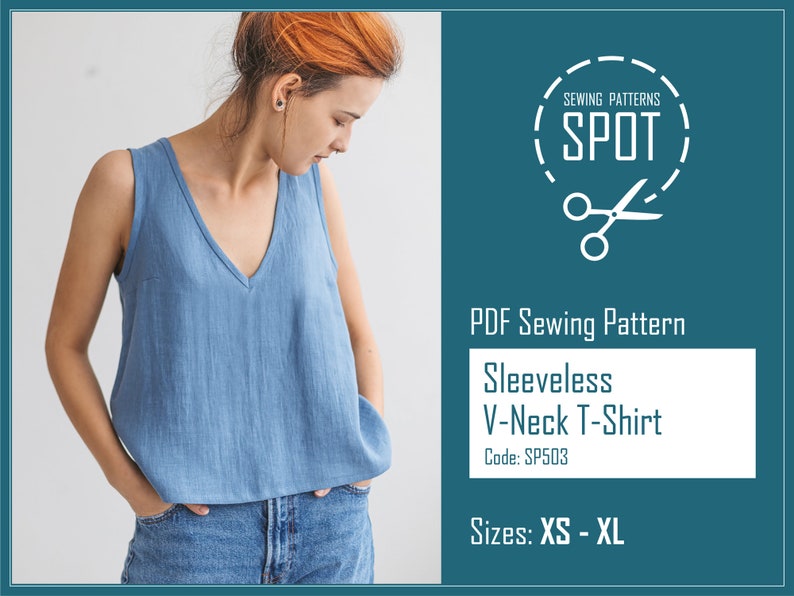 May include: A PDF sewing pattern for a sleeveless V-neck T-shirt. The pattern is available in sizes XS to XL. The pattern is from Sewing Patterns Spot.