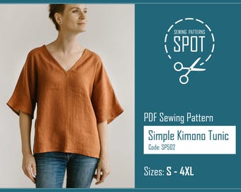 Linen Kimono Top Sewing Pattern, V Neck Blouse (PDF Pattern)