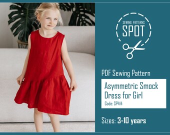 Asymmetric Smock Dress EMMA PDF sewing pattern, 3-10 years, Instant download, Beginner Pattern, Girls Patterns, Toddler dress