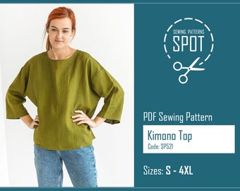 Women's casual kimono top PDF sewing pattern, size S-4XL, Instant Download, oversized shirt with 3/4 sleeves, Plus Size Relaxed Top Pattern