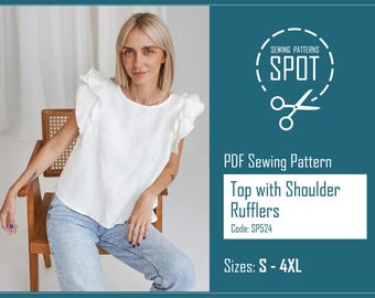 Ruffle Sleeve Blouse Sewing Pattern, Women's Elegant Top (PDF Pattern)