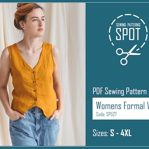 May include: Mustard yellow formal vest with a V-neck and button closure. The image includes text that reads "SEWING PATTERNS SPOT" and "PDF Sewing Pattern Womens Formal Vest". The vest is part of a sewing pattern available in sizes S-4XL.