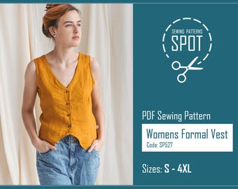 Linen Vest Sewing Pattern, Women's Button Front Waistcoat (PDF Download)