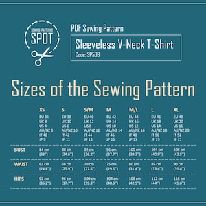 May include: A chart showing the sizes of a sleeveless V-neck T-shirt sewing pattern. The chart includes measurements in inches and centimeters for bust, waist, and hips. The sizes range from XS to XL.