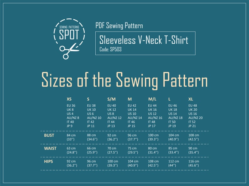 May include: A chart showing the sizes of a sleeveless V-neck T-shirt sewing pattern. The chart includes measurements in inches and centimeters for bust, waist, and hips. The sizes range from XS to XL.